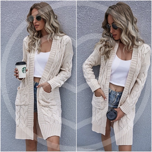 Sweaters - beige  chunky knit cable open long cardigan fall